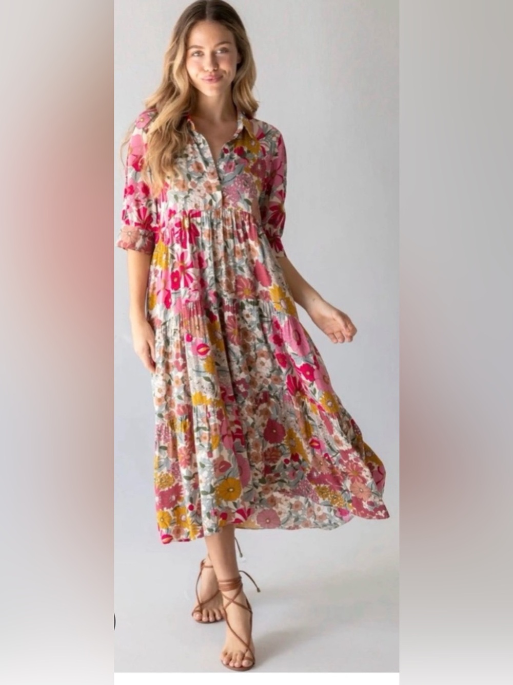 NATURAL LIFE Pink & Mustard Floral Tiered Midi Dress